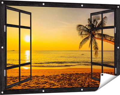 Gards Tuinposter Doorkijk Tropisch Strand tijdens Zonsondergang - 120x80 cm - Tuindoek - Tuindecoratie - Wanddecoratie buiten - Tuinschilderij
