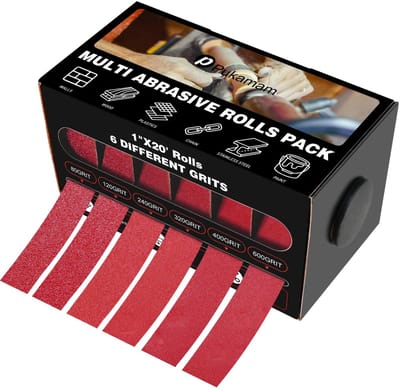 Dailygoods- Schuurpapier Set - 6 Rollen P80/120/240/320/400/600 - 25 mm x 6 m - Aluminiumoxide - Geschikt voor Metaal/Hout/Meubels - Dispenser voor Gemakkelijk Gebruik - Schuurrollen