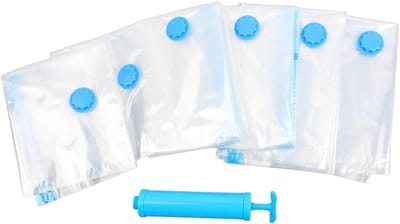 Compressiezakken Kleding - Vacuümzakken Opbergzakken - Ruimte Besparen - Inclusief Handpomp - Set van 6 - Transparant