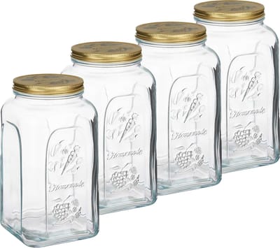 Pasabahce Voorraadpot/bewaarpot Square - 4x - glas - 3L - transparant/goud - D13 x H25 cm - voedsel bewaren