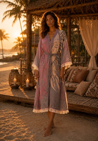 Kimono Dames Sauna & Wellness - Katoenen Badjas Zomer - Indiaan & Maan - bordeaux