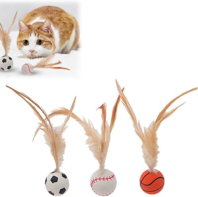 Daity Set van 3 stuiterende ballen met veertjes - kattenspeelgoed, geschikt voor binnenkatten, rollend oefenspeelgoed voor kittens, met siliconen veertjes, leuk en duurzaam, ideaal voor katten om mee te spelen en te bewegen (meerdere kleuren)