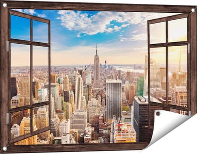 Gards Tuinposter Doorkijk New York Manhattan tijdens Zonsondergang - 90x60 cm - Tuindoek - Tuindecoratie - Wanddecoratie buiten - Tuinschilderij