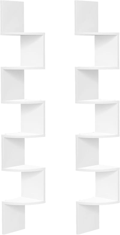 Set van 2 Wandplanken, Hoekplank en Zwevende Plank met 6 Laagjes, Uniek Zigzag Ontwerp voor Ruimtebesparing in Woonkamer, Slaapkamer en Eetkamer