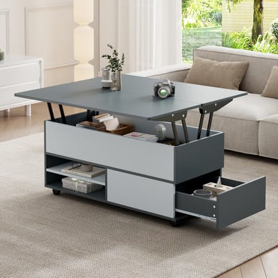 MIVRAY Salontafel - In Hoogte Verstelbaar Met Opbergruimte En Wielen - Voor Woonkamer - Spaanplaat Grijs Wit - 100x98x65 Cm