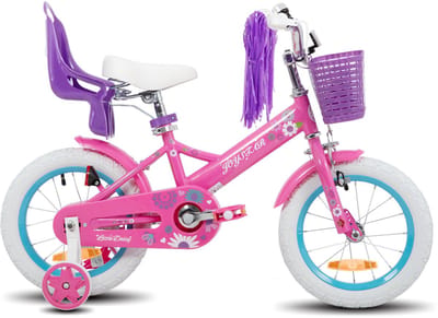 Joystar Little Daisy Meisjesfiets - 12 Inch - Mandje - Poppenzitje - Zijwieltjes - Bel - Handrem - Fuchsia - Geschikt voor buitenactiviteiten in de lente