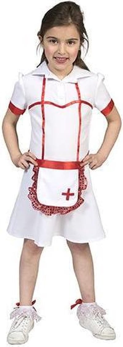 Funny Fashion - Verpleegster & Masseuse Kostuum - Ziekenhuis Zuster Sara - Meisje - rood,wit / beige - Maat 104 - Carnavalskleding - Verkleedkleding