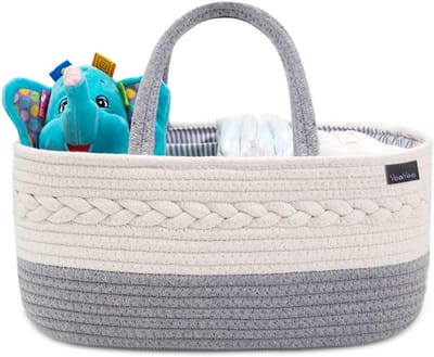 YeaYee Baby Diaper Caddy Organizer, Portable Nursery Storage Basket with Interchangeable Compartments, 100% Cotton Woven Rope Baskets, Car & Changing Table Newborn Gift