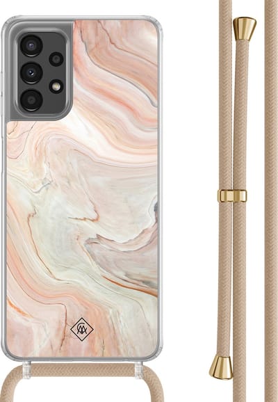 Casimoda® hoesje met beige koord - Geschikt voor Samsung A13 4G - Marmer Waves - Afneembaar koord - TPU/polycarbonaat - Bruin/beige