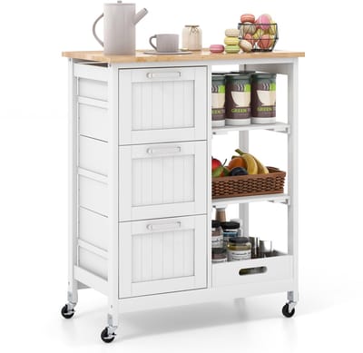 COSTWAY Keukenwagen met dienblad, 2 niveaus opbergrek en 3 grote laden, keukenkast oprolbaar, keukeneiland van rubberhout, serveerwagen 67 x 37 x 82,5 cm