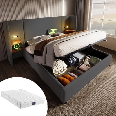 SINGULARITY-Gestoffeerd tweepersoonsbed 160x200 met nachtkastje- leeslamp en USB Type-C- bedkast met opbergruimte- grijs- linnen- met matras