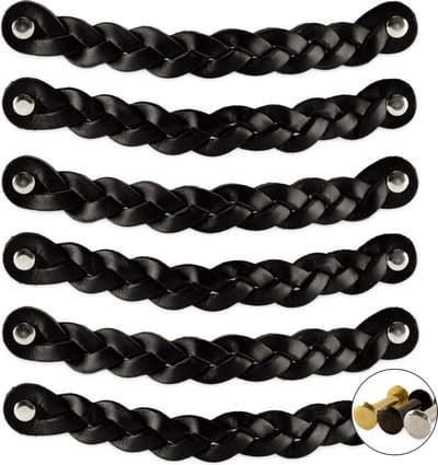 Leren handgrepen - Zwart - 6 stuks - Gevlochten - 20 x 2,5 cm - incl. 3 kleuren schroeven - handgrepen kast leer - meubelgrepen - handvaten kast - leren lus