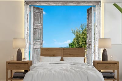 Behang - Fotobehang Strand - Doorkijk - zomer - Tropisch - Breedte 220 cm x hoogte 220 cm