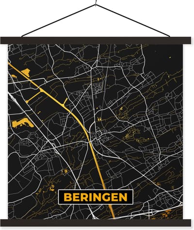 Posterhanger incl. Poster 60x60 cm - Schoolplaat - Kaart - Black & gold - Beringen - Plattegrond - Stadskaart - Textielposter - Zwarte latten - Stadskaart