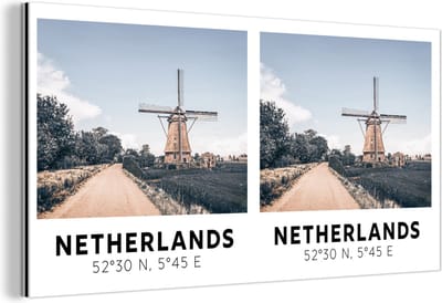 Wanddecoratie Metaal - Aluminium Schilderij Industrieel - Nederland - Windmolen - Vintage - Zomer - 160x80 cm - Dibond - Foto op aluminium - Industriële muurdecoratie - Voor de woonkamer/slaapkamer