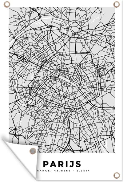 Muurdecoratie Parijs - Stadskaart - Zwart Wit - Plattegrond - Kaart - 120x180 cm - Tuinposter - Tuindoek