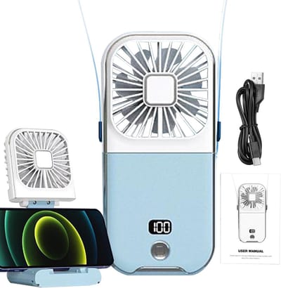 Handventilator - Handventilator Oplaadbaar - Mini Ventilator - Draagbare Nek Ventilator - USB Oplaadbaar - met Led Display 3000 mAh - Inklapbare Mini Ventilator - Telefoonhouder - Lichtblauw
