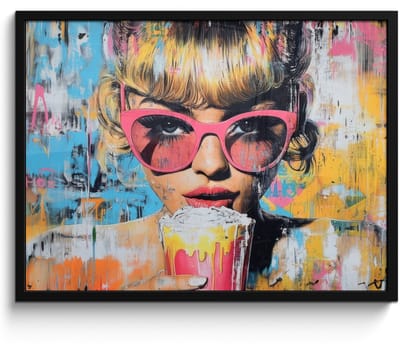 Poster in lijst - Fotolijst 80x60 cm - Posters - Zonnebril - Vrouw - Kleurrijk - Verfspetters - Posterlijst zwart - Decoratie - Wanddecoratie woonkamer - Muurdecoratie slaapkamer