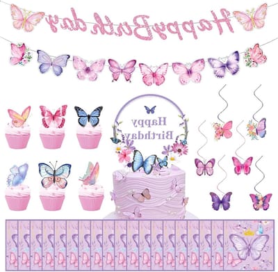 Feestelijke Vlinderdecoratie Set voor Verjaardagen en Bruiloften - Hangende Versieringen, Servetten, Banner en Taartaccessoires voor Vrouwen en Meisjes