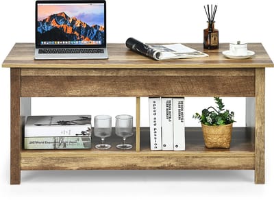 COSTWAY Salontafel in hoogte verstelbaar, bijzettafel met opbergvak, houten salontafel, theetafel voor woonkamer, balkon, hal