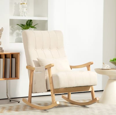 STILVORA Schommelstoel - 65 x 90 x 98 cm - Gevoerd Met Lendenkussen En Zijtas - Voor Woonkamer En Slaapkamer - Stof Beige