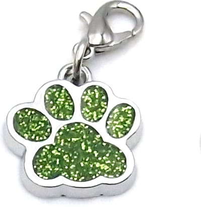 Metalen klikhanger sleutelhanger hondenpootje licht groen met glitter voor ketting of halsband