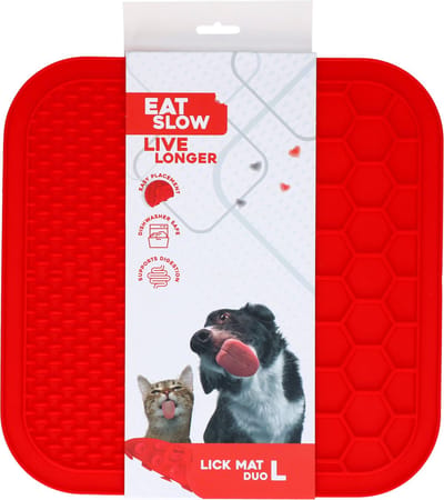 Eat Slow Live Longer Duo Likmat - 30 x30 cm - Vierkant - Snuffelmat Honden en Katten - Anti-schrok Mat - Slowfeeder - 100% Siliconen - Vaatwasserbestendig - Maat L - Voerpuzzel Kat - Rood