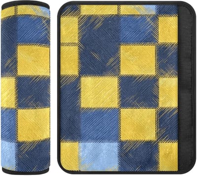 Gordelhoes Set - Riem Beschermers - Comfortabel Rijden - Zacht Polyester Materiaal - 254 x 84 cm - Geel Blauw Geruit