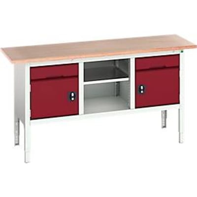 Bott verso box werkbank, multiplex legbord, 2 laden, 1 legbord, 2 deuren, B 1750 x D 600 x H 830 - 930 mm, lichtgrijs / paarsrood