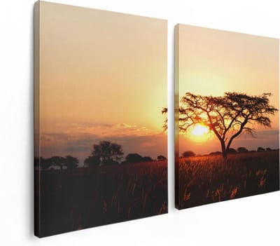 Artaza Canvas Schilderij Tweeluik Zonsondergang Achter Een Acacia Boom - 120x80 - Foto Op Canvas - Canvas Print