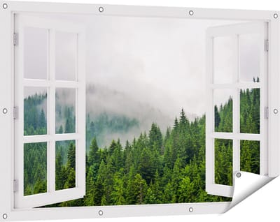 Gards Tuinposter Doorkijk Groen Bos met Bomen tijdens de Mist - 120x80 cm - Tuindoek - Tuindecoratie - Wanddecoratie buiten - Tuinschilderij