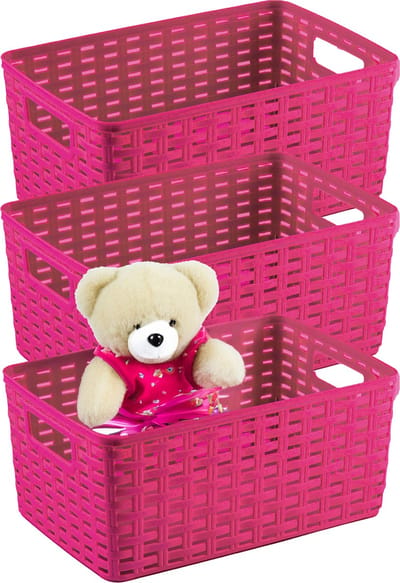 Plasticforte Opbergmand - 3x - Kastmand - rotan kunststof - fuchsia roze - 12 Liter - 30 x 37 x 13 cm