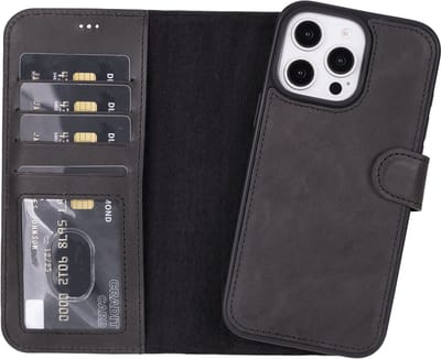Lykke Leren Hoesje met Pasjeshouder voor iPhone 16 Pro Max – Handgemaakt Echt Leer – MagSafe Hoesje – Zwart