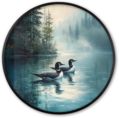 Poster in lijst Rond - Fotolijst 60x60 cm - Posters - Bos - Water - Eenden - Mistig - Ronde posterlijst zwart - Decoratie - Wanddecoratie woonkamer - Muurdecoratie slaapkamer