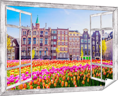 Gards Tuinposter Doorkijk Amsterdamse Huisjes met Tulpen - Kleur - 180x120 cm - Tuindoek - Tuindecoratie - Wanddecoratie buiten - Tuinschilderij