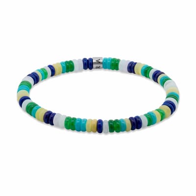 7FB-0803 – Frank 1967 – Heren Armband – Kralenarmband – Lichtblauw, Donkergroen, Wit & Geel – Zilverkleurig