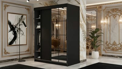 Kledingkast met Schuifdeuren en Spiegel Casa Velluto MONTELLO – Moderne Garderobe voor Slaapkamer en Hal – Ruime Opbergkast 138x205x59 cm – Grafiet & Zwart – Sliding Door Wardrobe