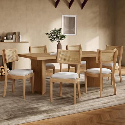 Pugsdrly 6 massief houten eetkamerstoelen met rotan rugleuningen, comfortabel en ademend, geschikt voor eetkamers, woonkamers, cafés, moderne stijl, linnenkleurig, houtkleurig