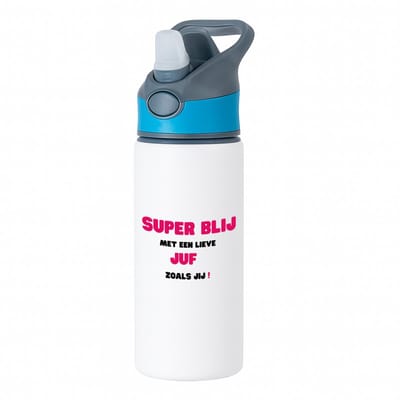 Hacebo® - super blij met een lieve juf zoals jij waterfles met rietje blauw - Juf - leraressen - verjaardag - cadeautje voor juf - juf artikelen - kado - geschenk - collega's - water fles - 650ML