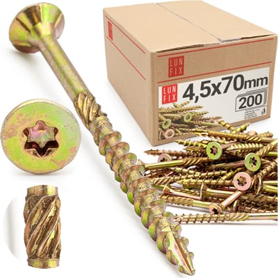 LUN FIX - Spanplattenschroeven 4,5x70 mm - 200 stuks - TX20 (I-Ster) - Verzinkte kop/Fräsgroeven
