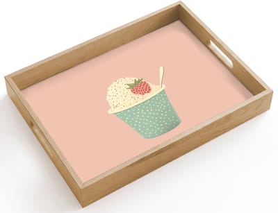 Dienblad hout 40x30 cm - Schootdienblad - Bakje - Ijs - Aardbei - Roze - Borrelplank rechthoek - Plateau dienbladen