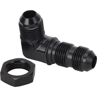 Adaptateur de cloison à 90° pour tuyau évasé AN 8, réutilisable, avec écrou.