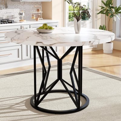 Ronde Eettafel - Eettafel Marmerlook - Gezellig Tafelen - Metalen Frame - 100x100x76 cm - Zwart
