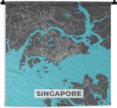 Wandkleed - Wanddoek - Singapore - Plattegrond - Blauw - Kaart - Stadskaart - 180x180 cm - Wandtapijt