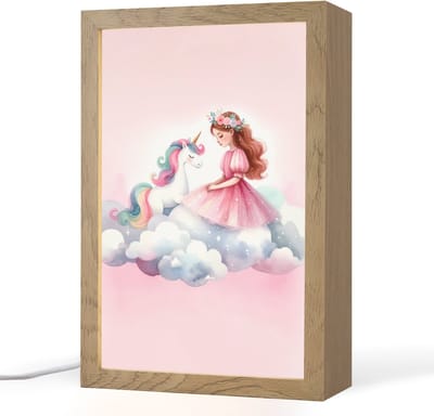 Nachtlampje 20x30 cm - Kinder lampje - Eenhoorn - Prinses - Unicorn - Roze - Wolken - Tafellamp kinderkamer - Slaapkamer lamp - Bedlamp kinderen - Kinderlampje stopcontact - Wandlamp babykamer - Nachtlampjes