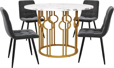 Modern eettafelset - 5-delig - met 4 stoelen - ronde eettafel 100x100 cm - gouden tafelpoten - wit tafelblad - grijze eetstoelen