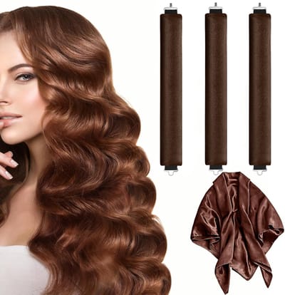 Heatless Curls - 3 Stuks - Satin - Voor Volumineuze Krullen - Krulspelden - Haarrollers - Heatless Blowout Set - Heatless Curls Tool - Krullen Zonder Hitte - Krullend Haar Producten - Alternatief Voor Krultang - Bruin - Alle Haartypes - Met Haarsjaal