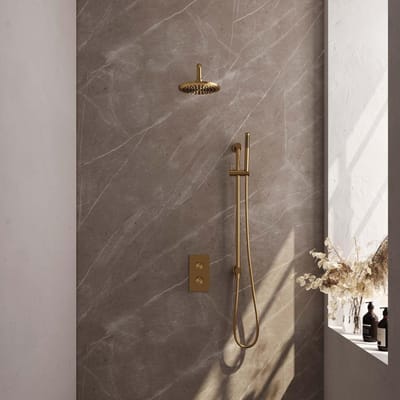 Brauer Gold Edition Thermostatische Regendoucheset Inbouw - Hoofddouche 20 cm - Gebogen Wandarm - 3 Weg - Handdouche Staaf - Doucheslang - Geintegreerde Glijstang - Geborsteld Goud
