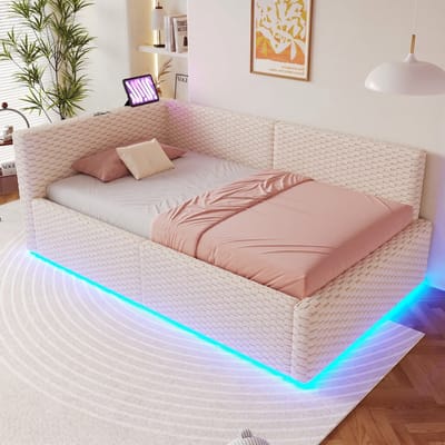 VVBV Gestoffeerd Opbergbed 90x200 cm - Hydraulische Opbergruimte, LED-Verlichting - Fluweel Eiken/Beige - Zonder Matras