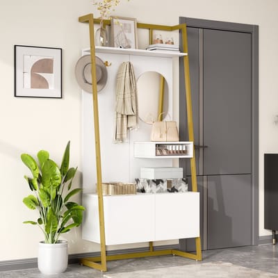 DESMIU Kapstok Met Schoenenkast - Compact Opbergmeubel Met Spiegel En Haken - Voor Hal En Entree - MDF En Metaal - 78x38,5x180,5 Cm - Wit